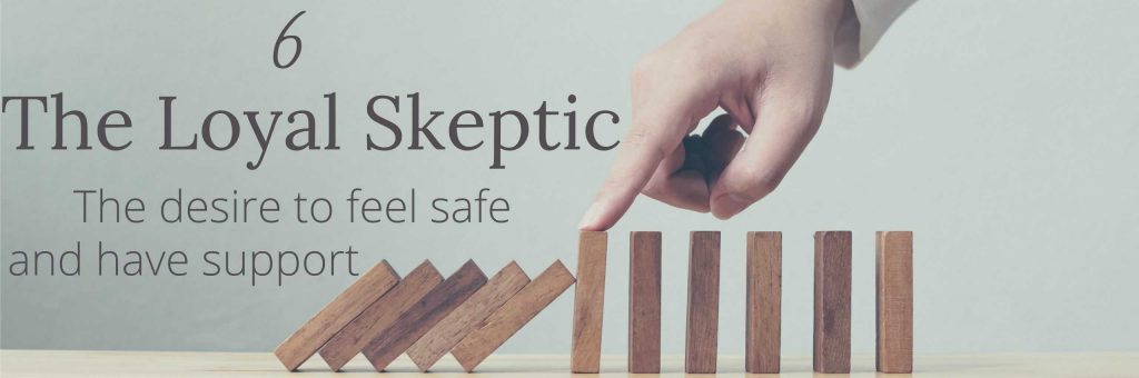 hand stopping dominoes from falling risk. Enneagram 6 Loyal skeptic core desire for safety security support guidance