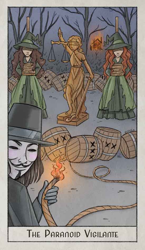 Counterphobic, Radical Paranoid Vigilante detonating explosives around witches and lady justice. Enneagram 6 tarot archetype