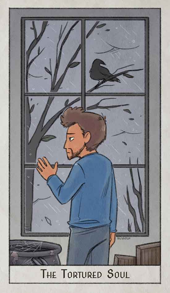 Isolated man, suffering staring out the window with raven, Edgar Allen Poe background. Enneagram 4 archetype, Tortured Soul