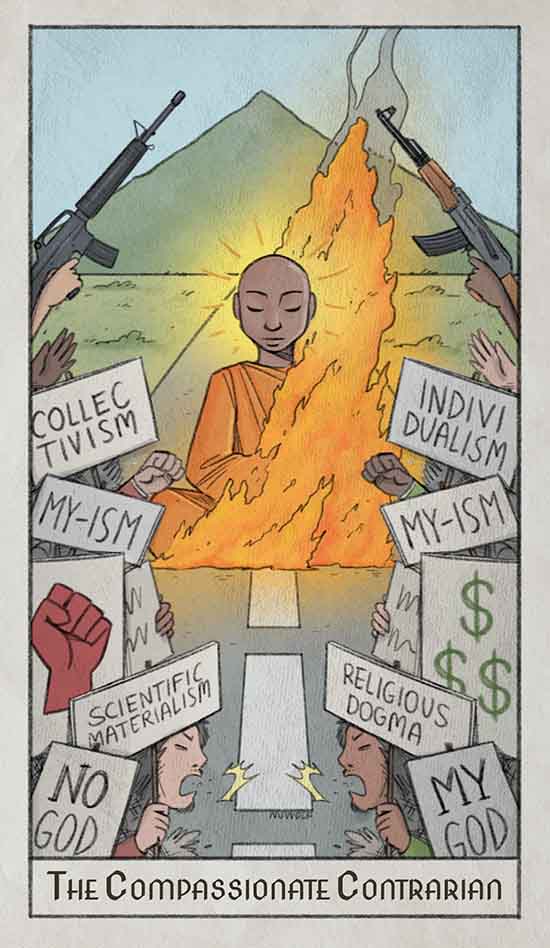 Burning monk transcending duality faith vs reason, collectivism vs individualism group identity religious dogma & materialism